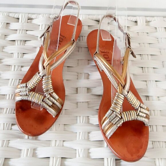 Vintage Shoes - Joyce Silver Bronze Leather Metallic Strappy Flat Sandals Low Heel Shoe 7 Narrow